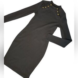 Navy blue stretch ribbed long sleeve Dress with Gold Button Accents S high neck